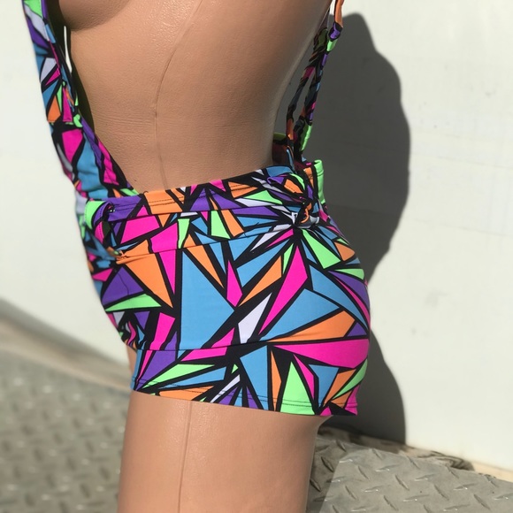 Neon prism overalls rave outfit booty swimsuit shorts jumpsuit romper festival - Picture 9 of 10